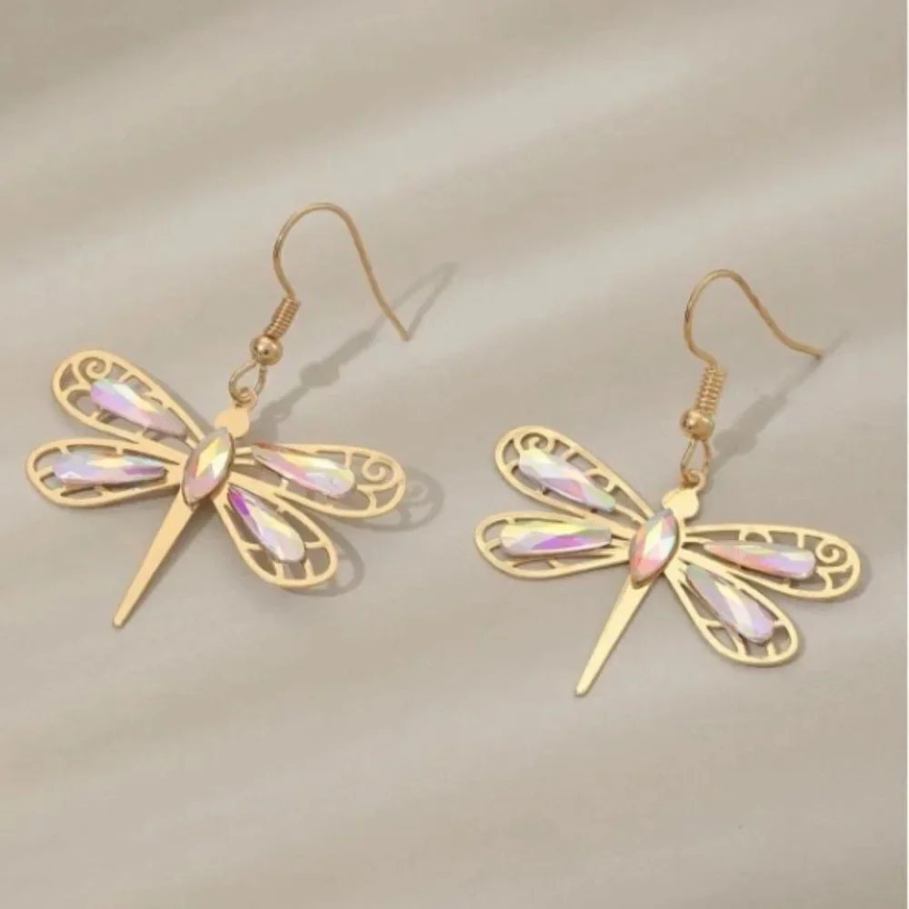 🔅🆕🔅 Boho Iridescent Yellow Gold  Dragonfly Drop Earrings✨